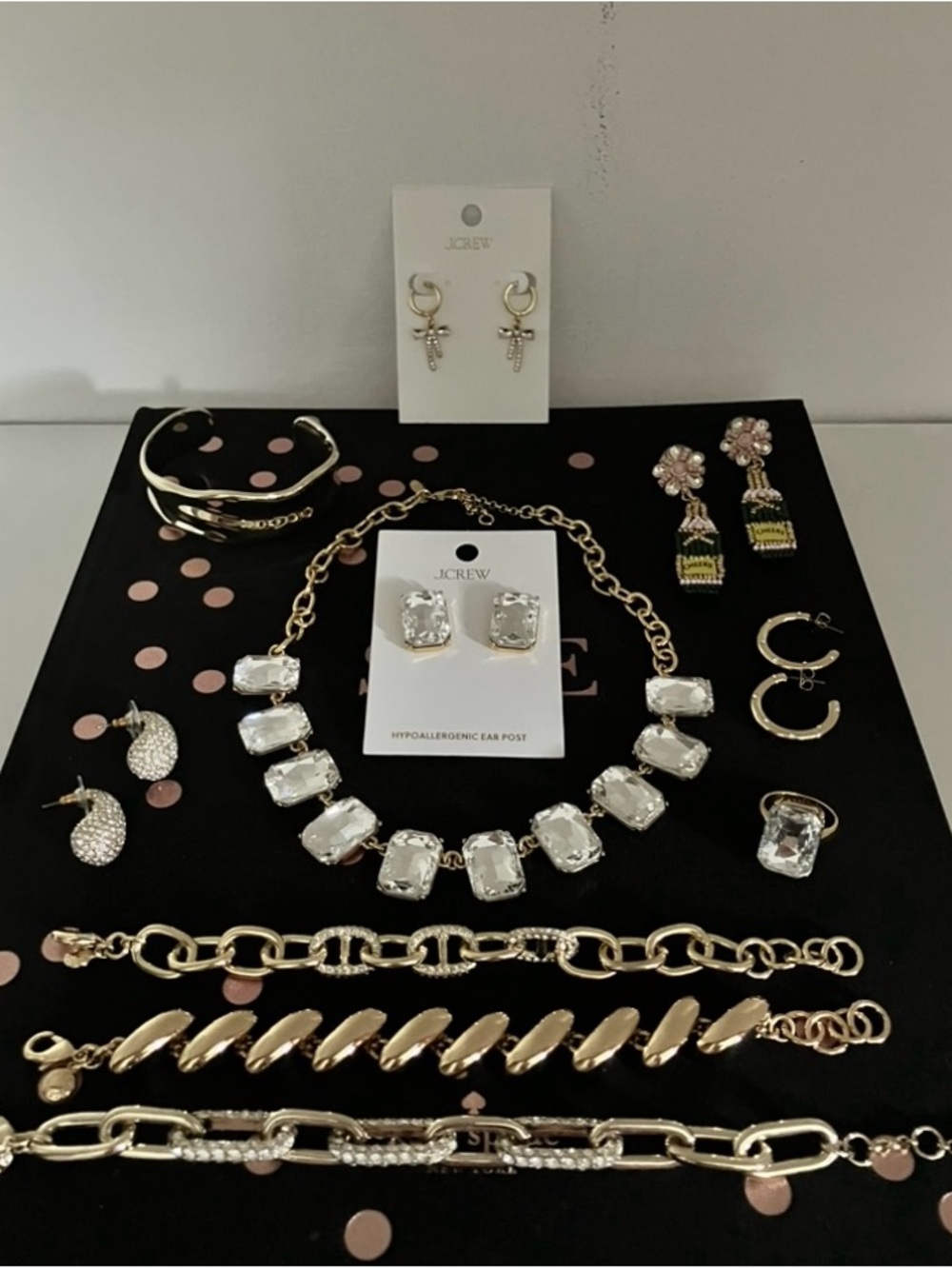 NWT J Crew Gold and Clear Crystal Collar Necklace, Earrings, Bracelet Bundle